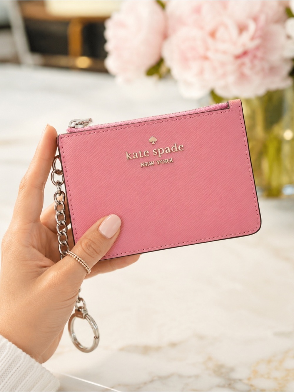 Kate Spade New York Key Ring Card Holder – Grapefruit Pink | Solver Logo 💗🩶